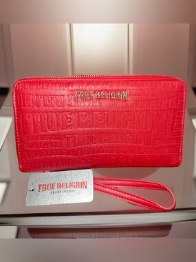 True Religion Red Embossed Zip-Around Wristlet